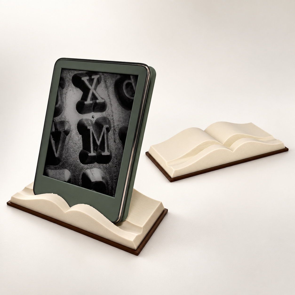 Suporte Livro para E-reader e Tablet Suporte de tablet em forma de livro aberto creme com tablet verde escuro
