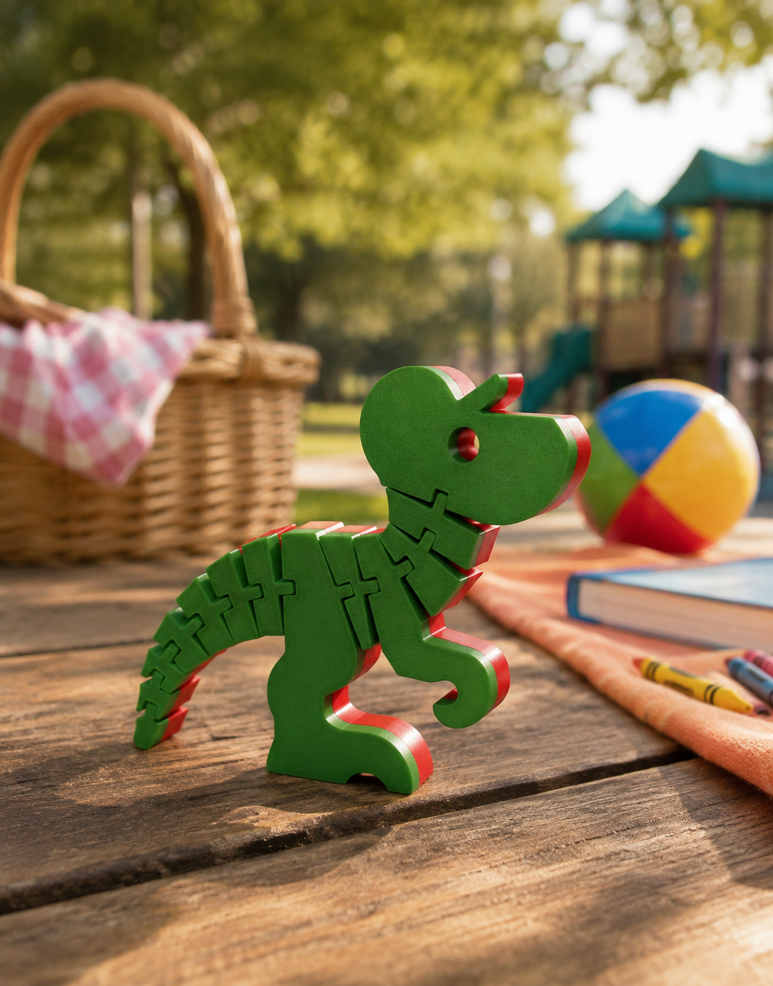 Amigo Dino Articulado Personalizável — Tamanho M Brinquedo dinossauro verde e vermelho de madeira numa mesa de parque com objetos de piquenique