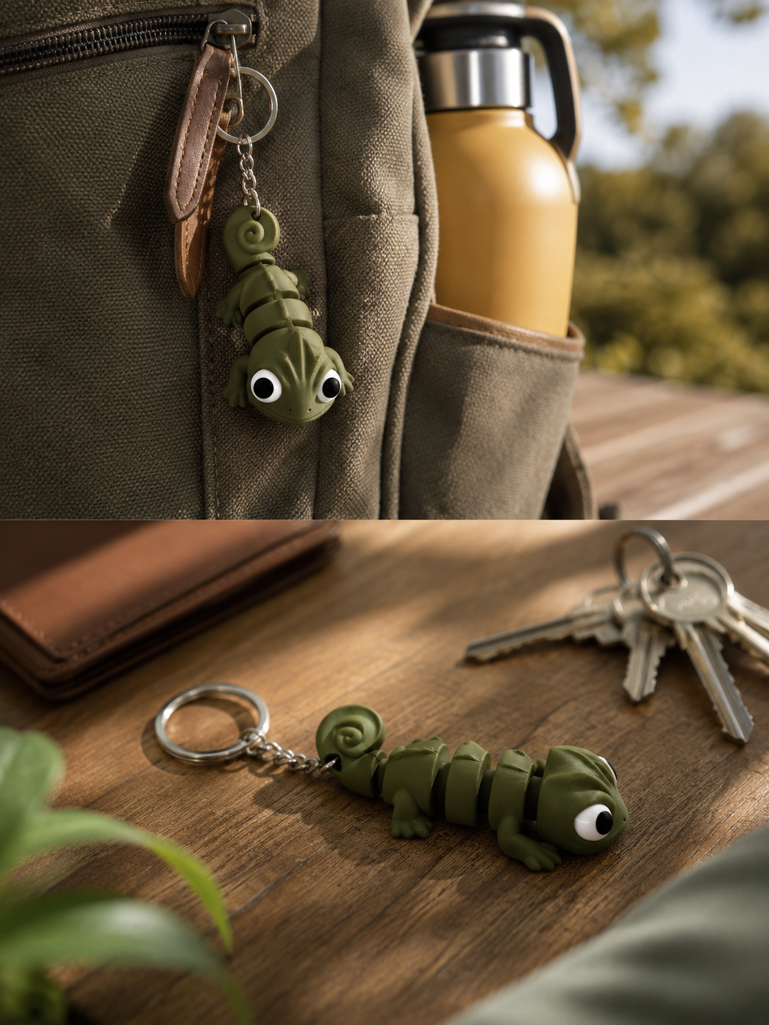 Porta-Chaves Camaleão Articulado Chaveiro de camaleão verde em mochila castanha e sobre mesa de madeira com chaves