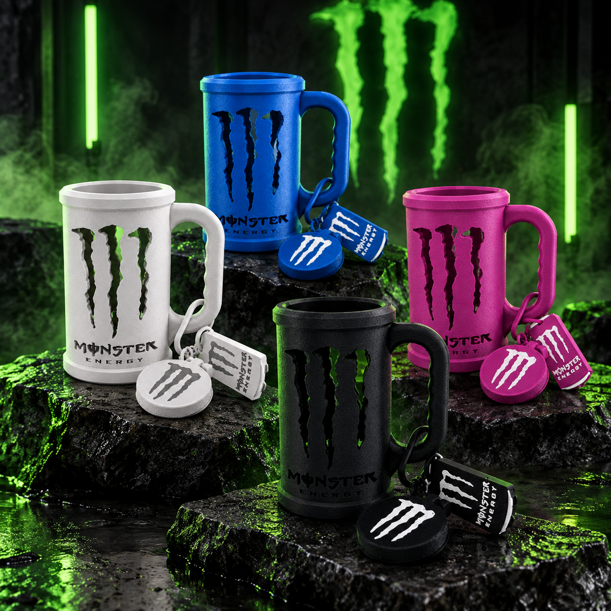 Kit Porta-Latas Monster 500 ml com Alça, Tampa e Abridor Canecas Monster Energy em branco, azul, rosa e preto com chaveiro e etiqueta do logo.
