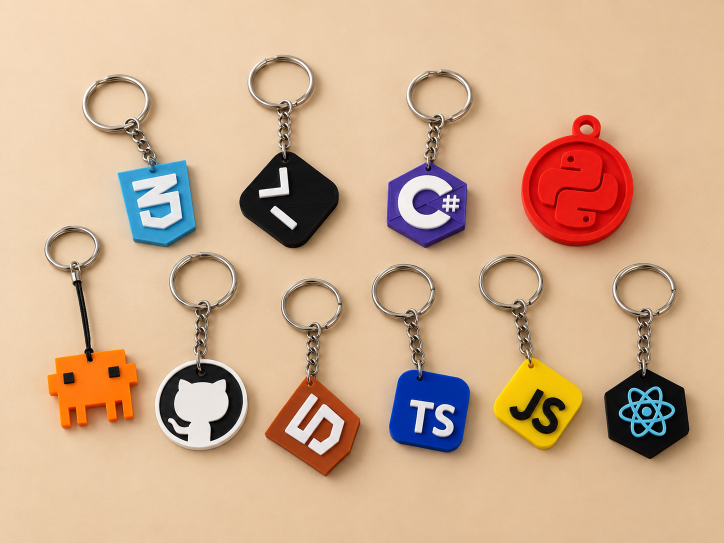 Porta-Chaves para Programadores — Vários Designs Porta-chaves coloridos com logótipos de linguagens e tecnologias de programação dispostos em fundo bege