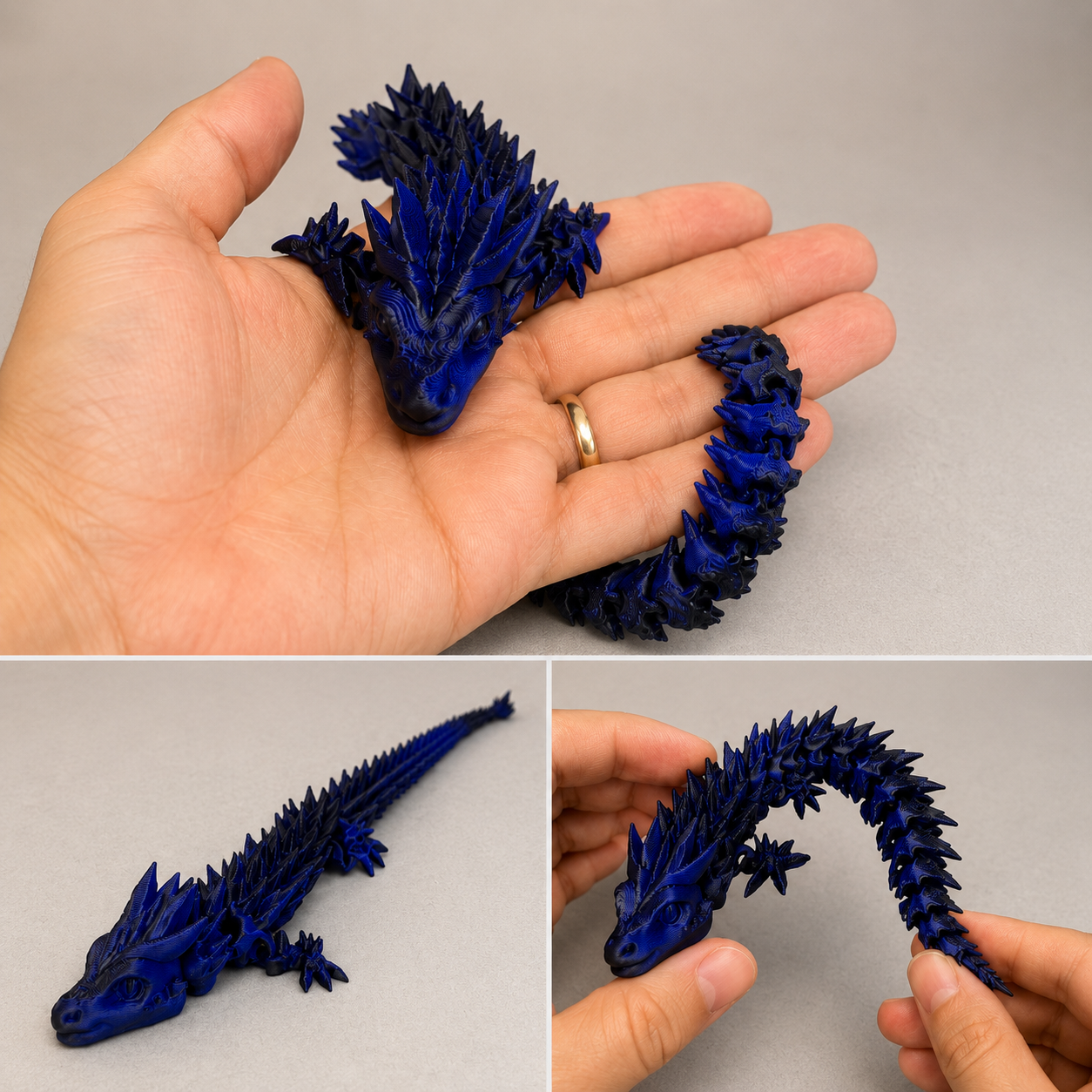 Dragão Articulado Pequeno Dragão articulado azul escuro com textura espinhosa e rugosa mostrado em várias posições