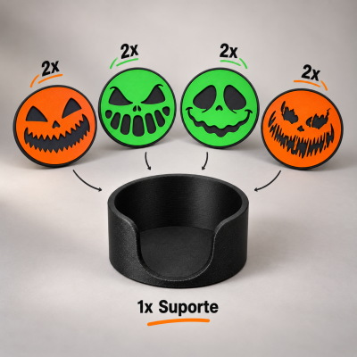 Tampas redondas para copos com motivos de Halloween e suporte preto.