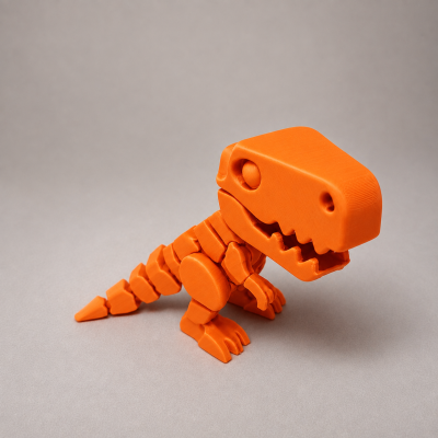 Figura de dinossauro laranja impressa em 3D sobre superfície cinzenta