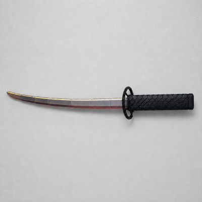 Katana com lâmina segmentada metálica amarelada e cabo preto texturizado
