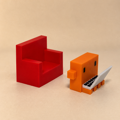 Miniaturas de brinquedo: poltrona vermelha e personagem laranja com laptop