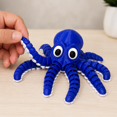 Brinquedo polvo azul articulado com ventosas brancas em superfície de madeira.