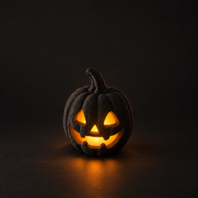 Abóbora de Halloween preta iluminada com luz amarela interna em fundo escuro