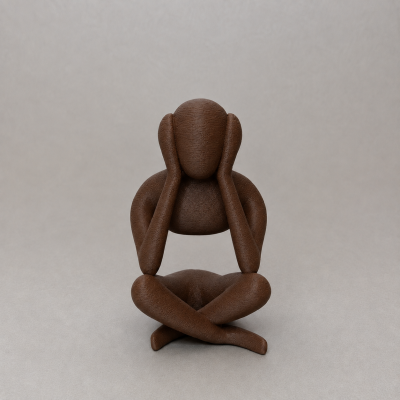 Escultura abstrata castanha de figura sentada com mãos na cabeça.