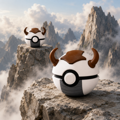 Dois objetos esféricos estilo Pokébola com chifres castanhos em pedras rochosas montanhosas