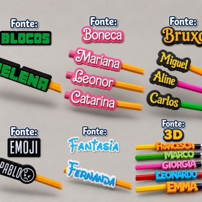 Lápis coloridos personalizados com nomes em vários estilos e cores de fontes