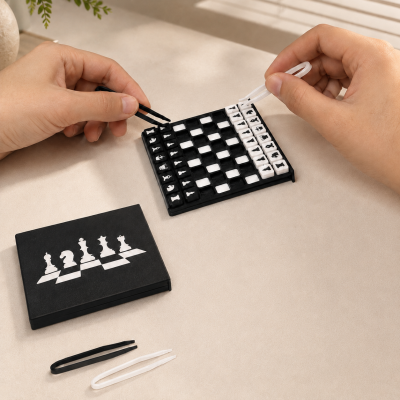 Jogo de xadrez de viagem em plástico com tabuleiro pequeno e peças magnetizadas