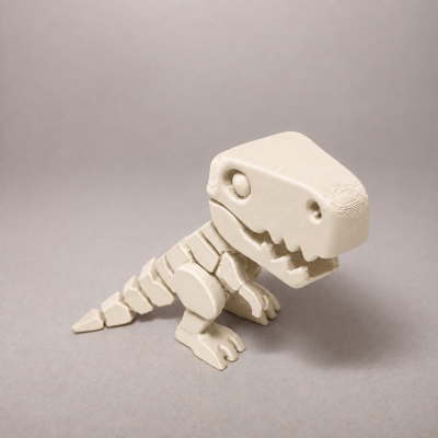 Figura de dinossauro T rex bege em fundo cinzento