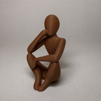 Escultura decorativa castanha de figura humana sentada com mão na cabeça