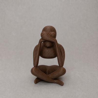 Escultura de figura humana sentada, marrom com padrão abstrato