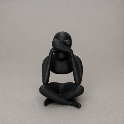 Estatueta preta de figura humana sentada com braços cruzados no rosto.