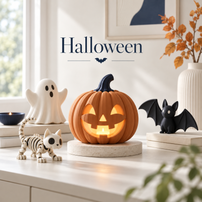 Decoração de Halloween com abóbora luminosa, gato esqueleto, fantasma e morcego sobre mesa clara