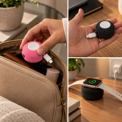 Carregador portátil em forma de bola rosa e preto com conector USB-C e superfície branca para encaixe.