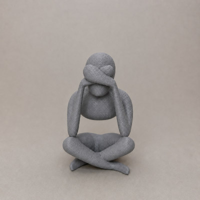 Escultura cinzenta texturizada de figura humana em posição de agachamento com braços cruzados na cabeça sobre fundo bege.
