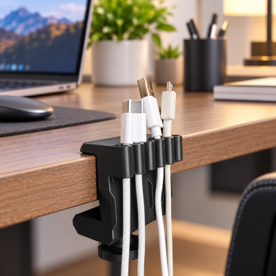 Organizador preto de cabos preso a mesa de madeira com cabos USB e laptop