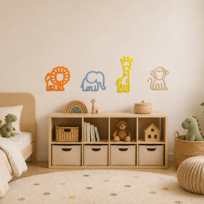 Quarto infantil com cama de madeira clara, estante com brinquedos e figuras de animais coloridas na parede