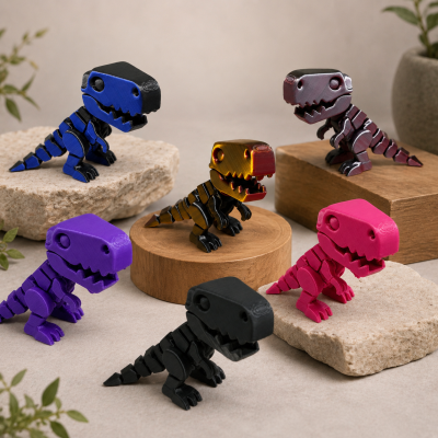 Seis figuras coloridas de dinossauros T-Rex em diferentes cores sobre pedras e madeira