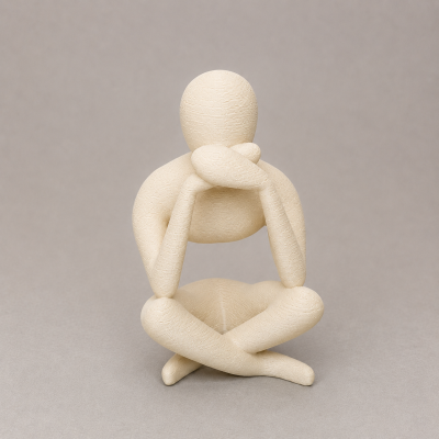 Escultura abstrata creme de figura humana sentada com textura texturizada.