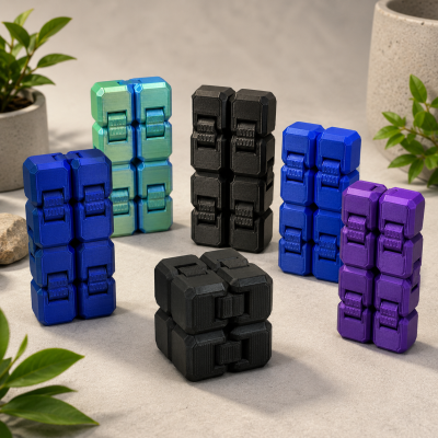Brinquedos fidget coloridos em forma de cubos em superfície cinza com plantas.