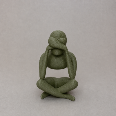 Estátua verde com textura de figura humana sentada de pernas cruzadas e braços sobre o rosto