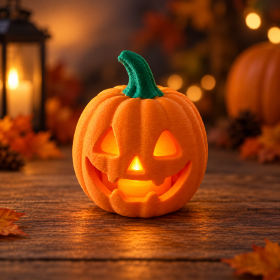Abóbora luminosa de Halloween com rosto sorridente em superfície de madeira e decoração outonal