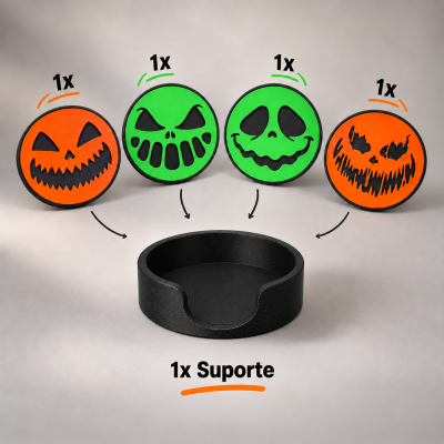 Conjunto de 4 peças redondas com rostos assustadores e suporte preto circular.