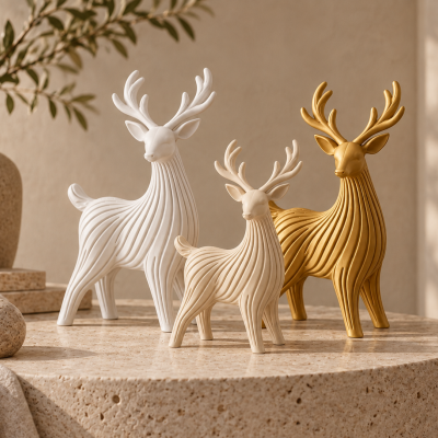 Três esculturas de veados em resina com design ondulado em branco, bege e dourado sobre mesa redonda de pedra