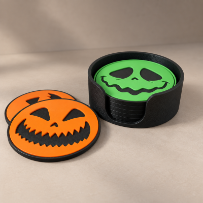 Bases para copos redondas com rostos assustadores em laranja e verde dentro de base preta circular.