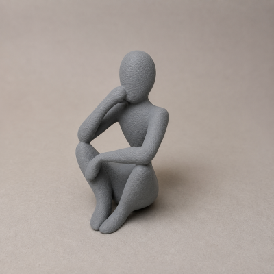 Escultura cinzenta abstrata de figura humana sentada