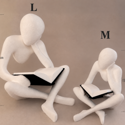 Duas figuras humanas abstratas brancas sentadas a ler livros com fundo bege.