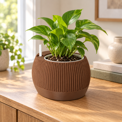 Vaso de plantas castanho com planta verde em mesa de madeira