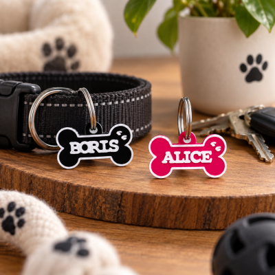 Pêndentes para coleira de cão em forma de osso com nomes BORIS e ALICE.