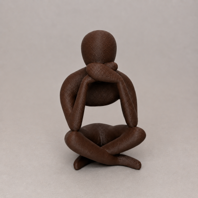 Escultura abstrata castanha de figura humana sentada com pernas cruzadas