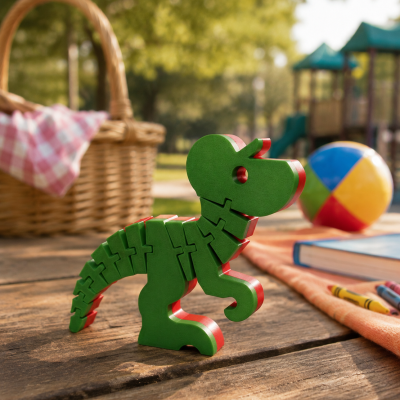 Brinquedo dinossauro verde e vermelho de madeira numa mesa de parque com objetos de piquenique