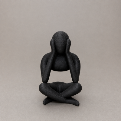 Escultura abstrata preta de figura sentada com mãos na cabeça