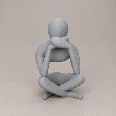 Escultura abstrata cinzenta de figura humana sentada pernas cruzadas.