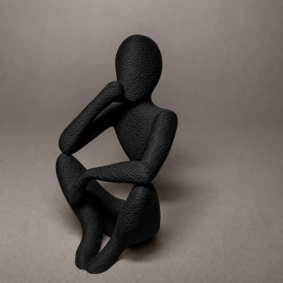 Figura decorativa preta texturizada, pessoa sentada com mão no rosto.