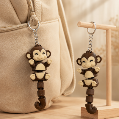 Porta-chaves macaco castanho e bege em material plástico com textura de madeira