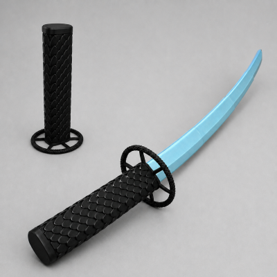 Katana azul com punho preto e suporte preto texturizado