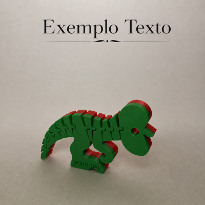 Figura dinossauro verde e vermelho com texto PORTUGAL sobre fundo cinzento claro.