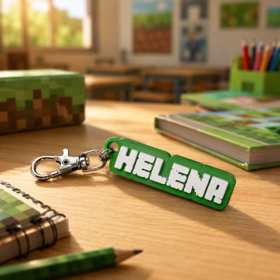Chaveiro verde com nome HELENA em letras brancas sobre secretária com material escolar
