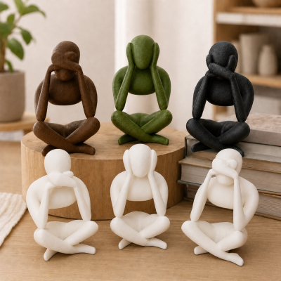 Esculturas decorativas de figuras humanas sentadas em várias cores.