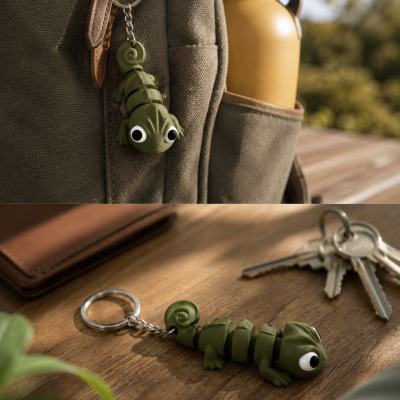 Chaveiro de camaleão verde em mochila castanha e sobre mesa de madeira com chaves