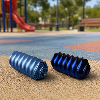 Rolos de espuma azul claro e azul escuro com textura espiral no chão de parque infantil colorido