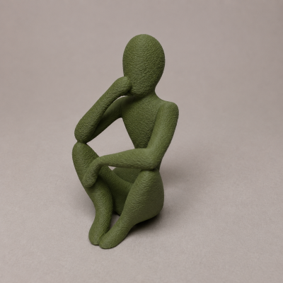 Escultura verde de figura humana sentada com uma mão no rosto, fundo cinza